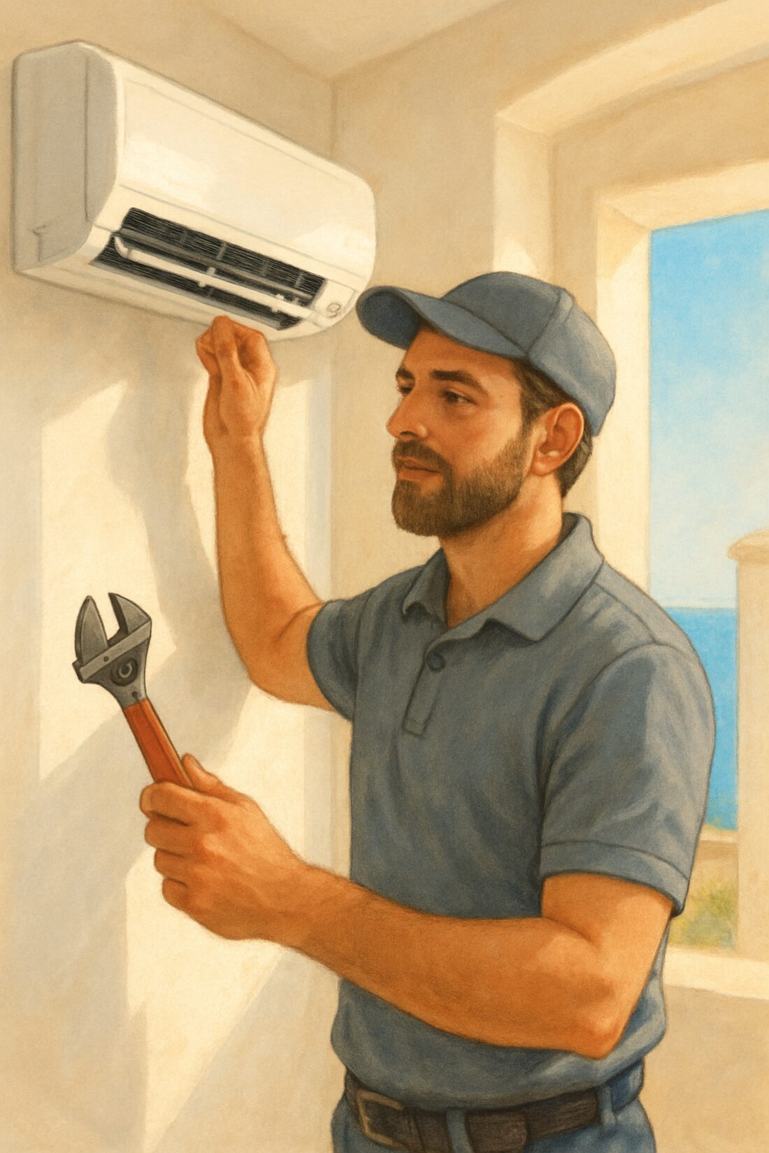Artisan plombier-climaticien au travail sur une unité de climatisation