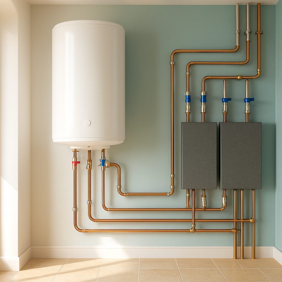 Chauffe-eau et installation soignée dans une buanderie